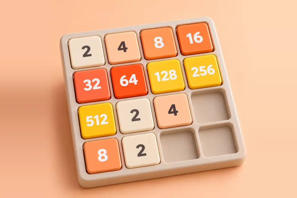 Glossy numbered 2048 tiles in a 4 by 4 tray, peach backdrop