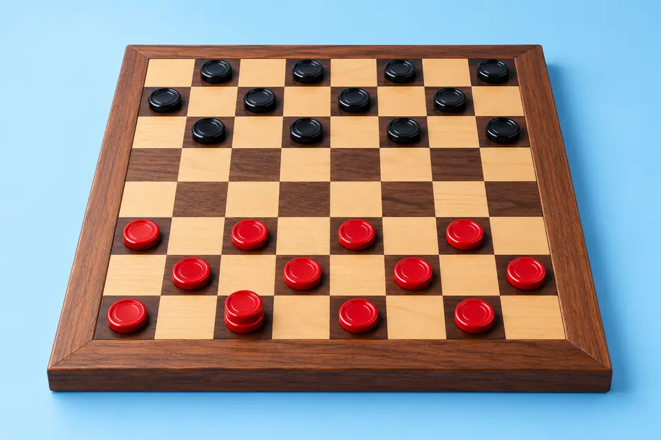 Red and black checkers with a stacked king on a board, sky-blue backdrop
