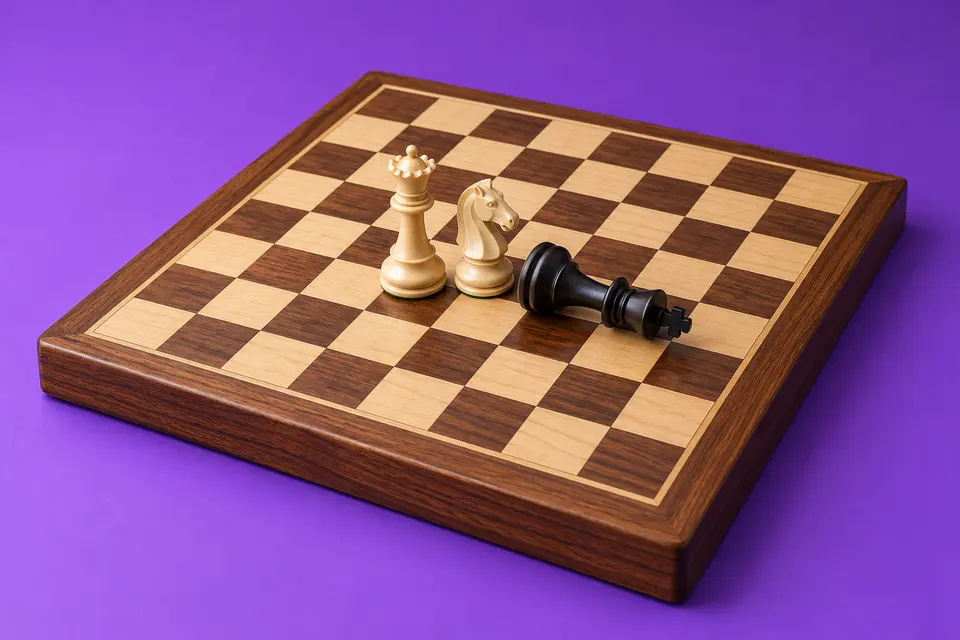 A tipped-over black king beside a white queen and knight on a small board, violet backdrop