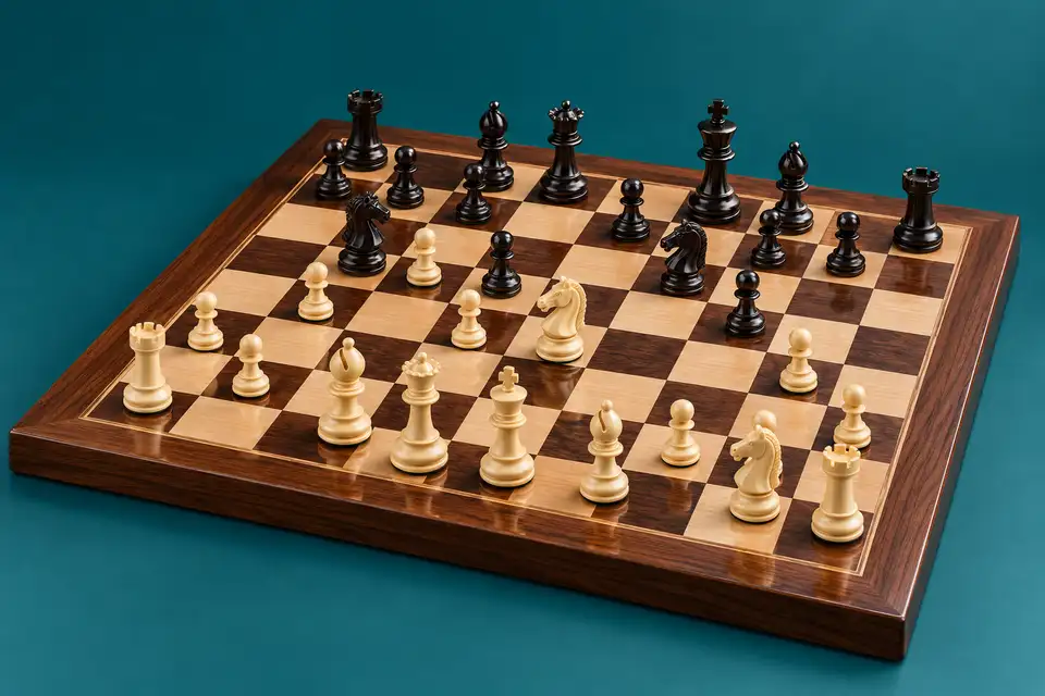 Ivory and ebony chess pieces mid-game on a board against a teal backdrop