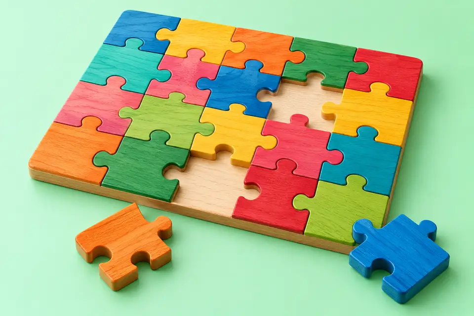 A nearly finished colourful jigsaw with two loose pieces, mint backdrop