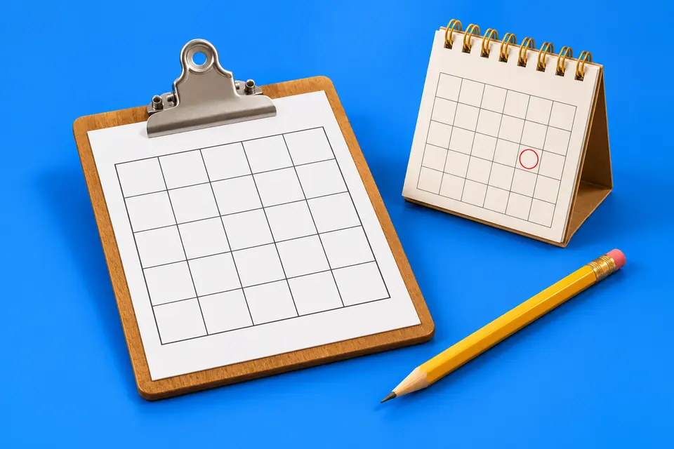 A puzzle card on a clipboard with a pencil and a desk calendar, cobalt backdrop