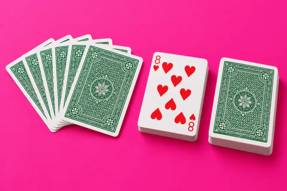 A fan of playing cards with the eight of hearts face up, magenta backdrop