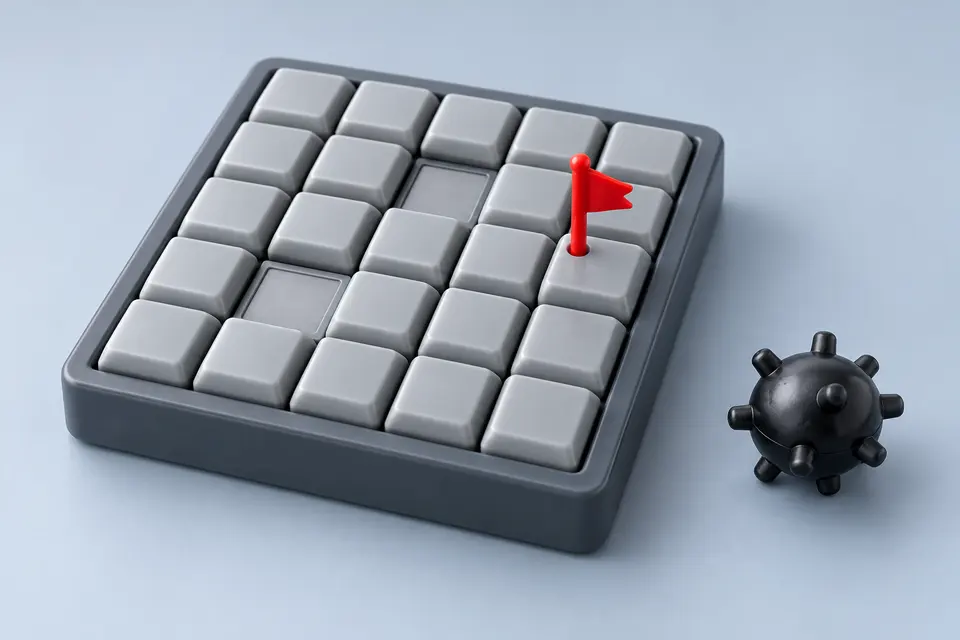 A toy Minesweeper grid of grey tiles with a red flag and a black mine, grey-blue backdrop