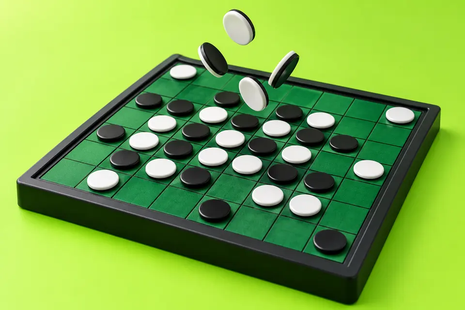 Black and white Othello discs on a green board with a few flipping mid-air, lime backdrop