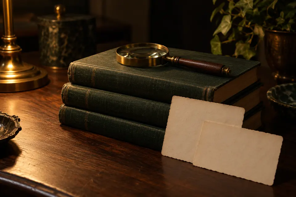 A small stack of old green books with a magnifying glass and puzzle cards