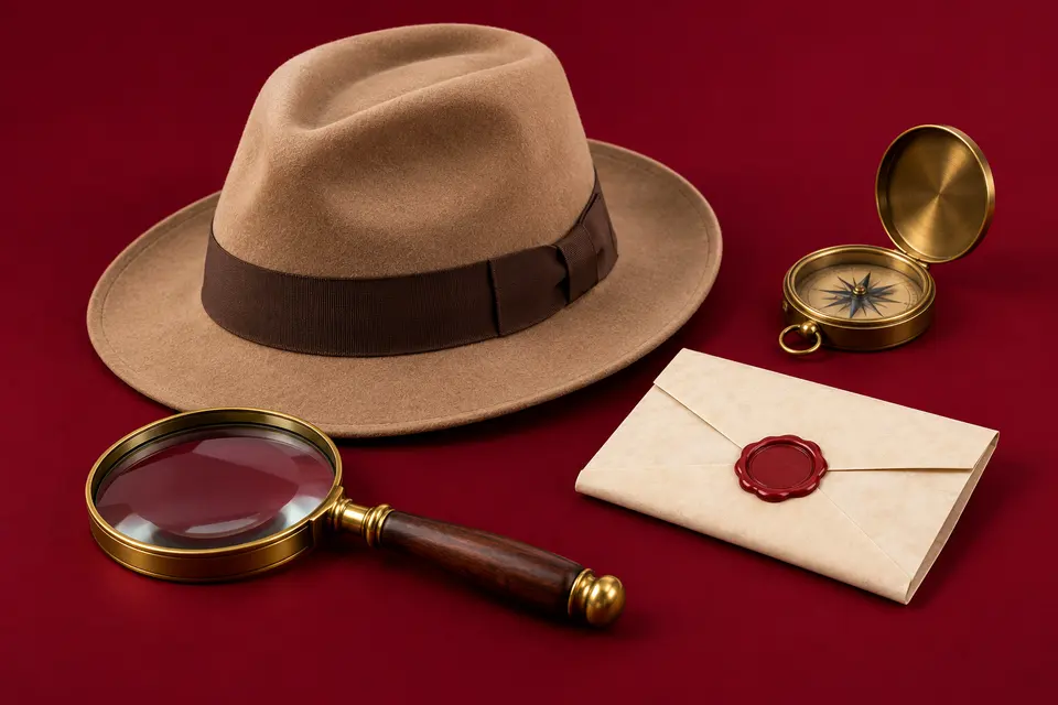 A fedora, a magnifying glass, a sealed note and a compass, burgundy backdrop