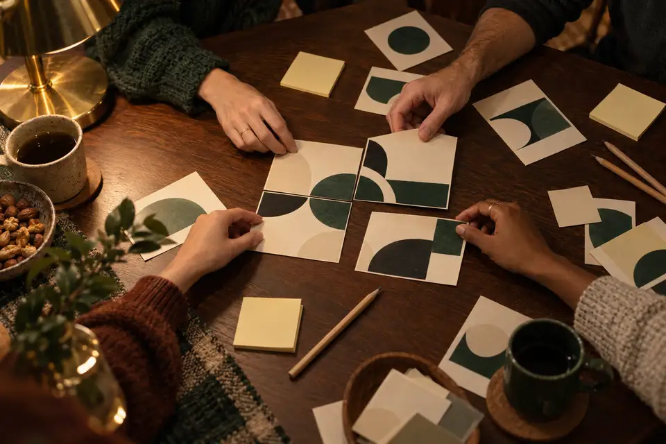 Several hands laying printed puzzle cards together on a table