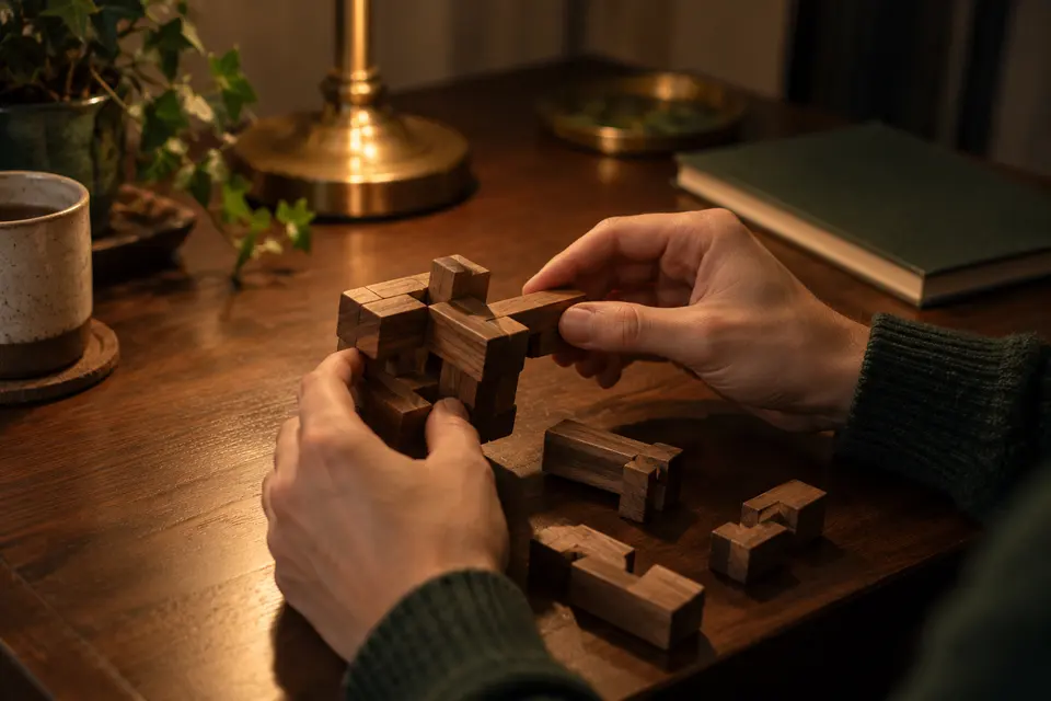 A wooden interlocking puzzle half taken apart