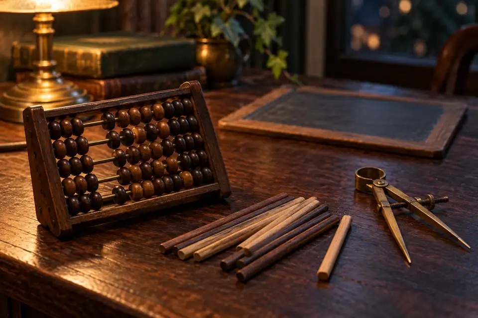 A chalkboard slate, an abacus and wooden counting rods