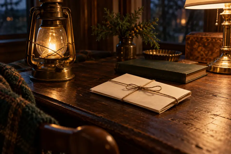 A folded paper note tied with string beside a lantern