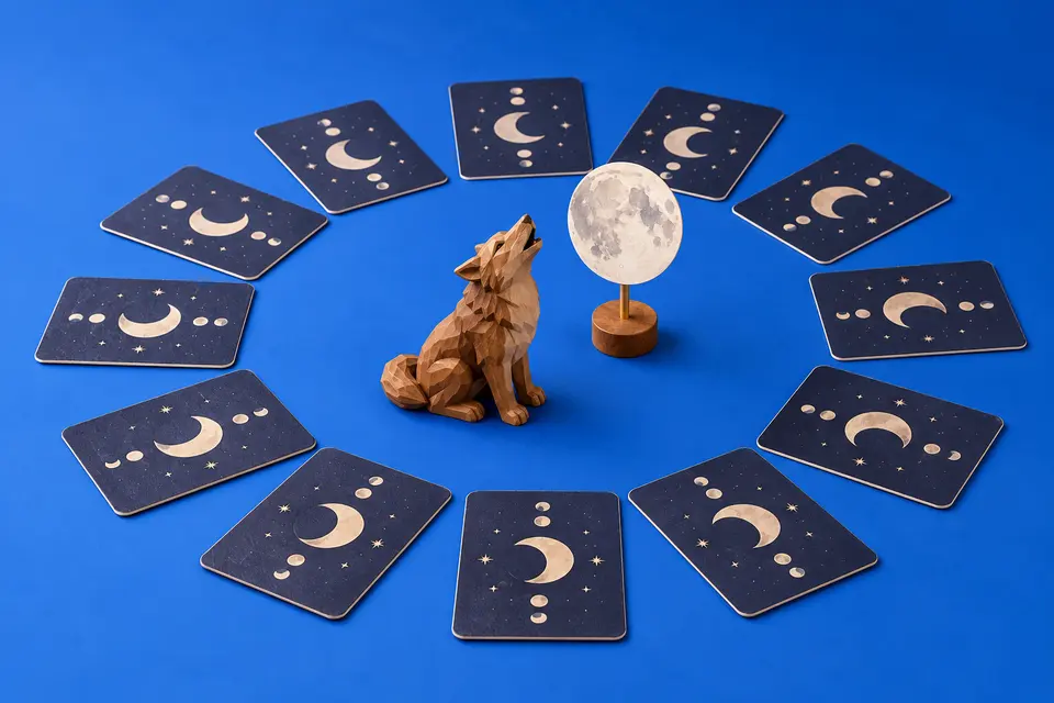Role cards in a circle around a wooden wolf figurine and a paper moon, indigo backdrop