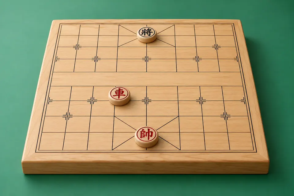 Three xiangqi pieces in an endgame on a pale board, jade backdrop