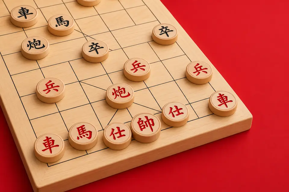 Carved red and black xiangqi pieces on a pale board, vermilion backdrop